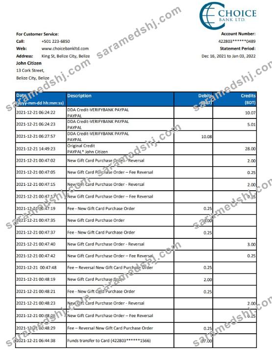 Belize Choice Bank statement